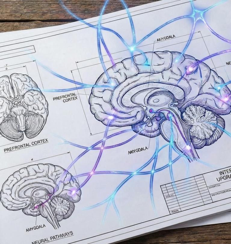 Illustration of a brain (Internal operating System) with glowing neural connections on a blueprint background.